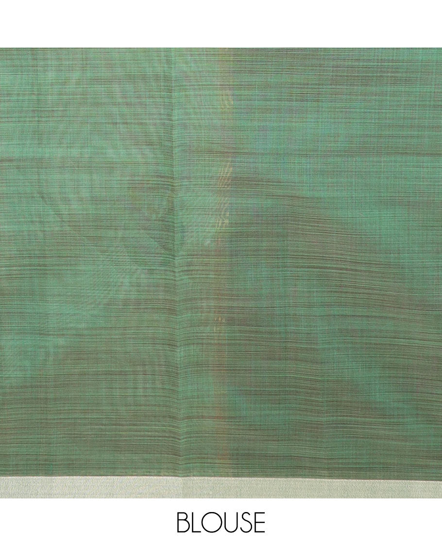 Pale green kalamkari buttas printed chirala cotton saree, bavanji border, and contrast floral vine print pallu