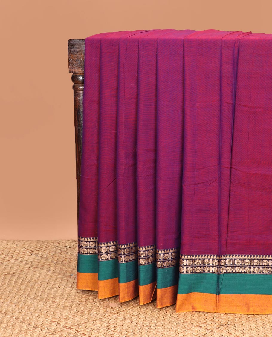 Purple plain Narayanapet cotton saree, contrast rudraksham and temple motifs thread woven border, and striped pallu