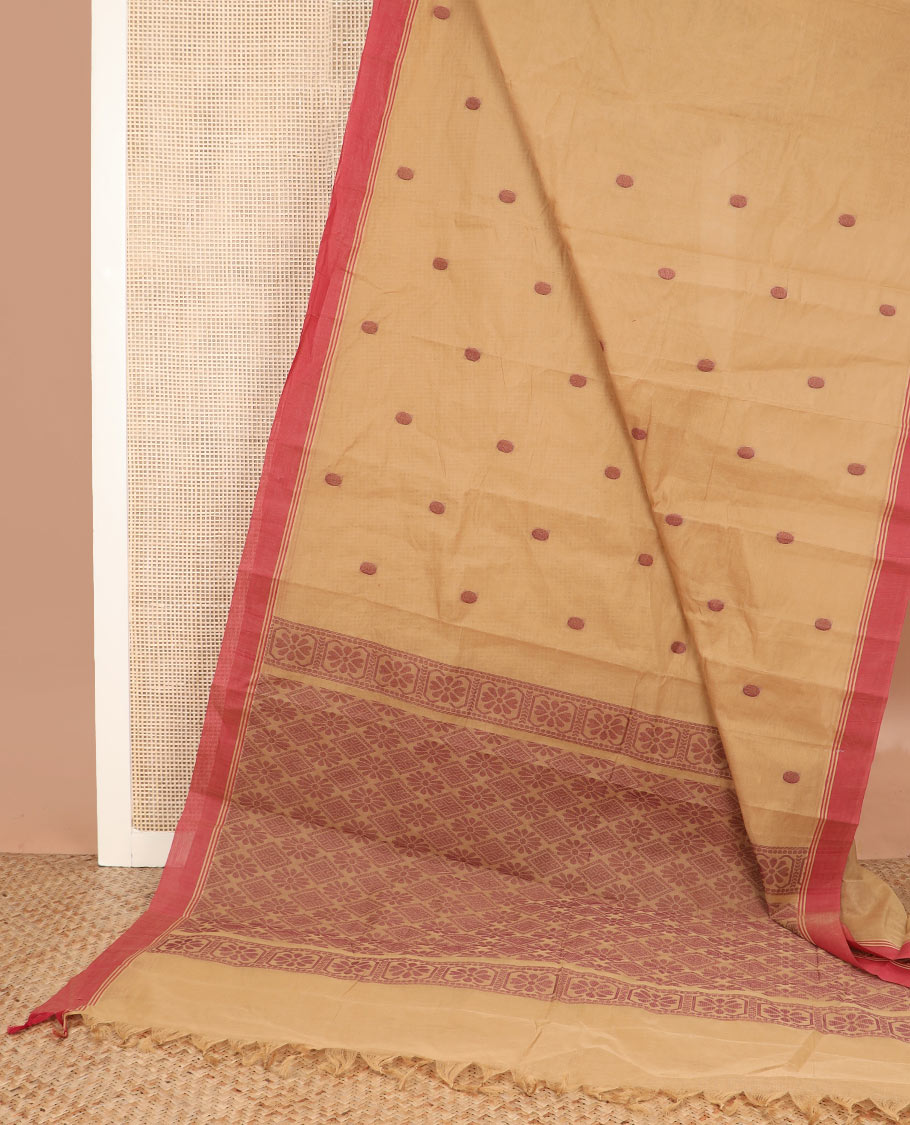 Sandal buttas kanchi cotton saree, contrast border, and floral, and diamond patterned pallu