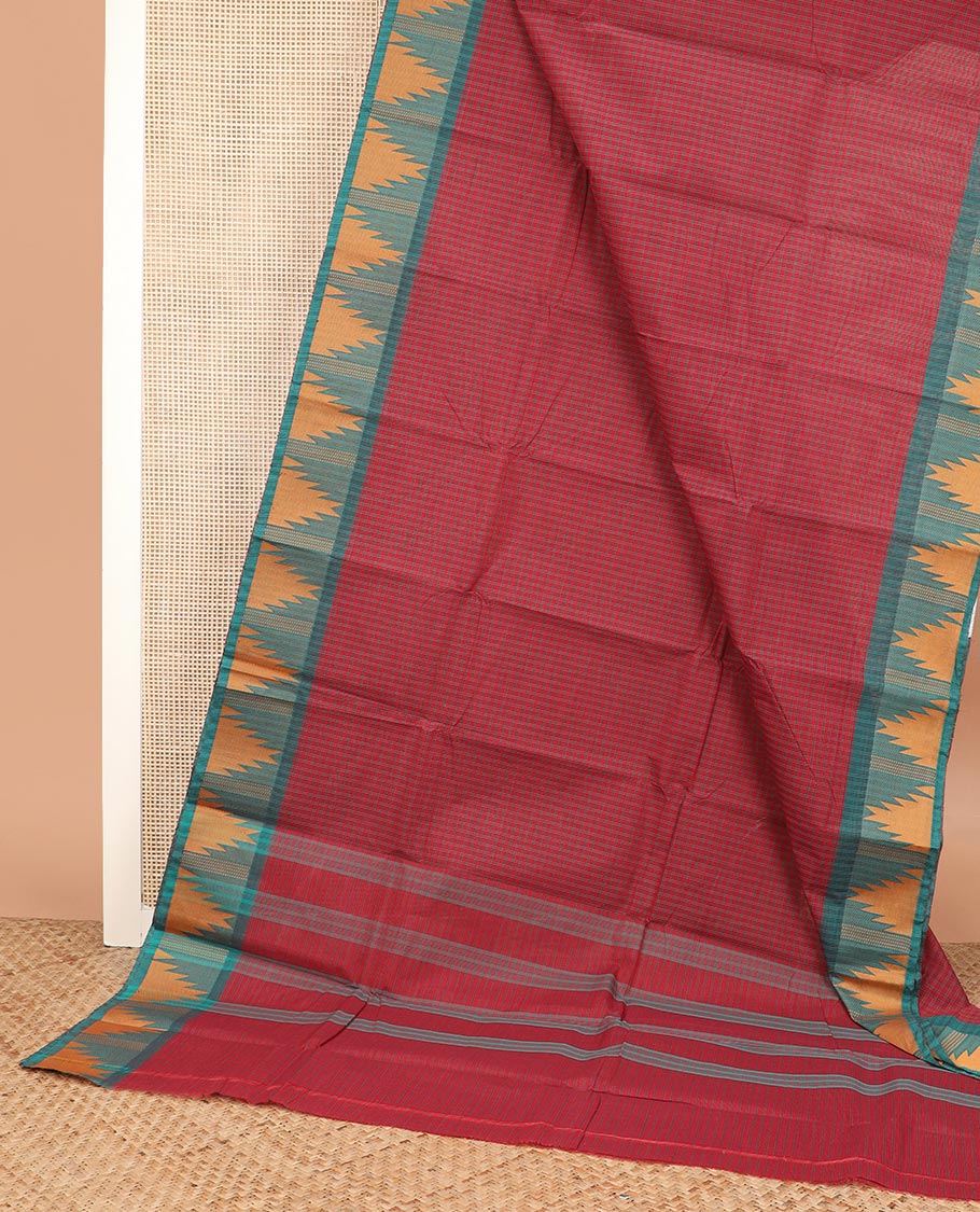 Red micro checked Chettinad cotton saree, contrast temple border, and striped pallu