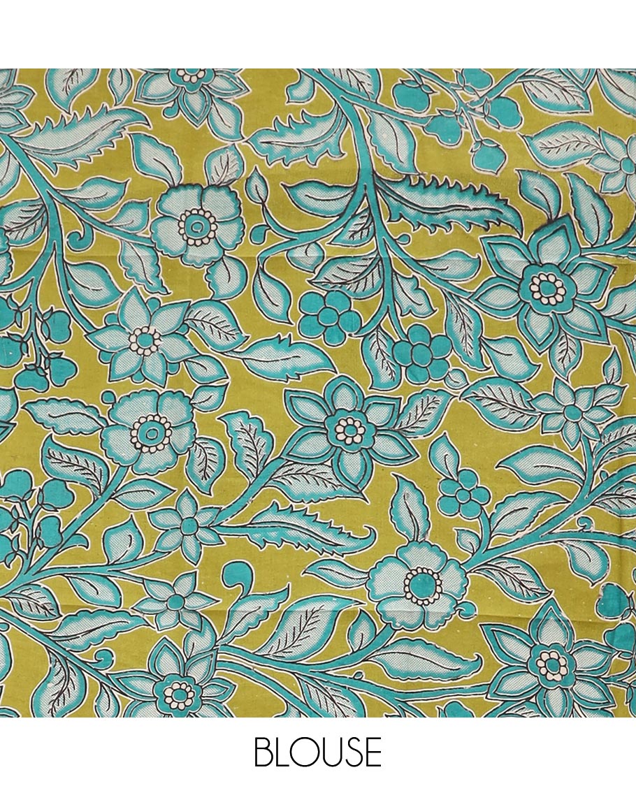 Purple checked Mangalagiri cotton saree with contrast border, striped pallu, and a contrast kalamkari floral printed blouse