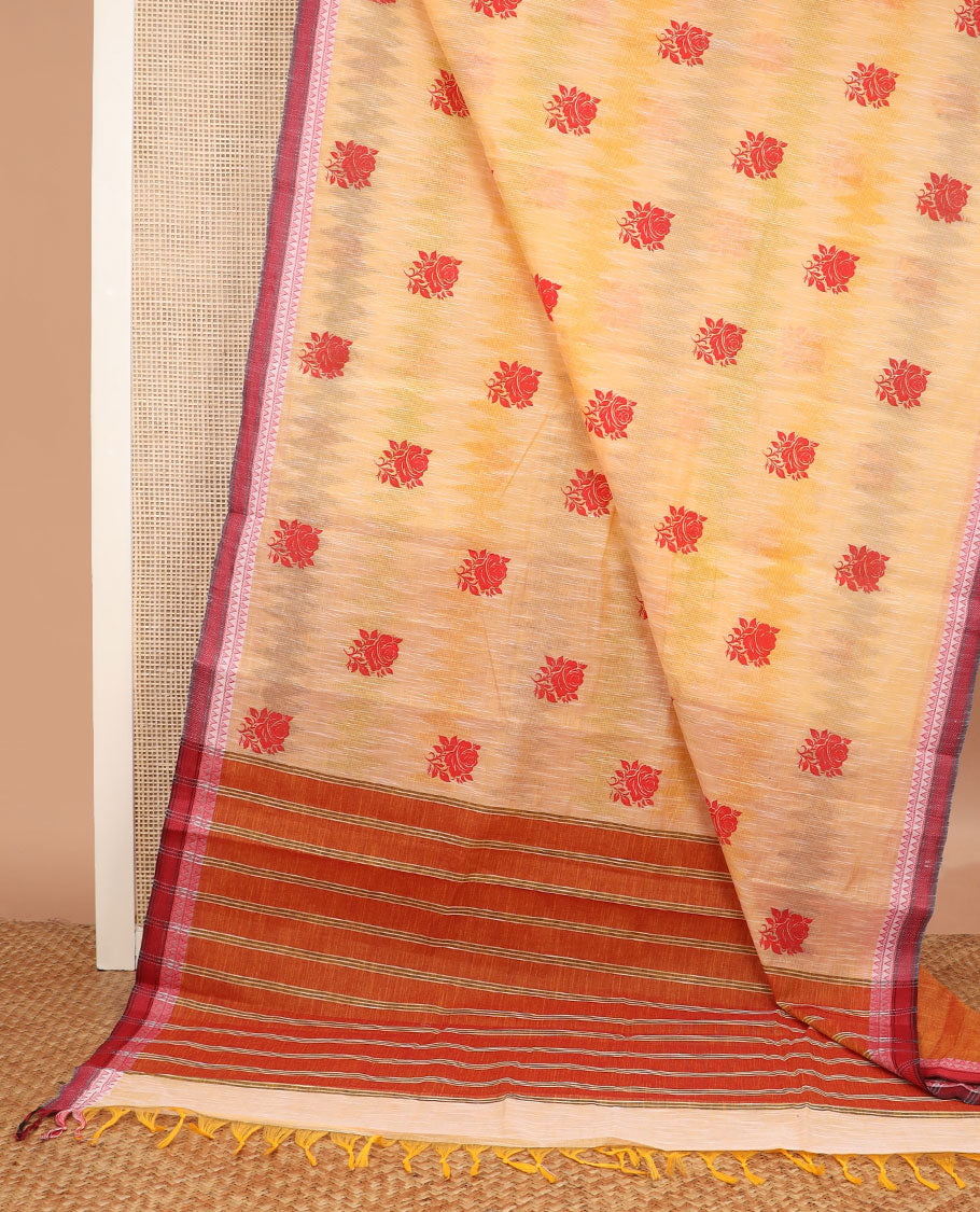Multi-color light rainbow-colors dyed with rose buttas chirala cotton saree, contrast temple border, and striped pallu