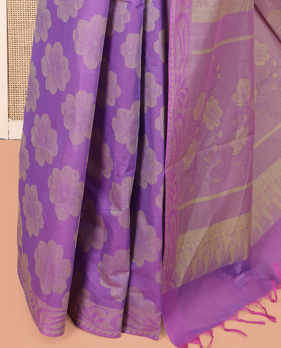 Violet Coimbatore Cotton Saree, Featuring Flower Buttas on Its Body, a Subtle Self-Border, Pallu of Floral Design, and Paired with a Matching Blouse