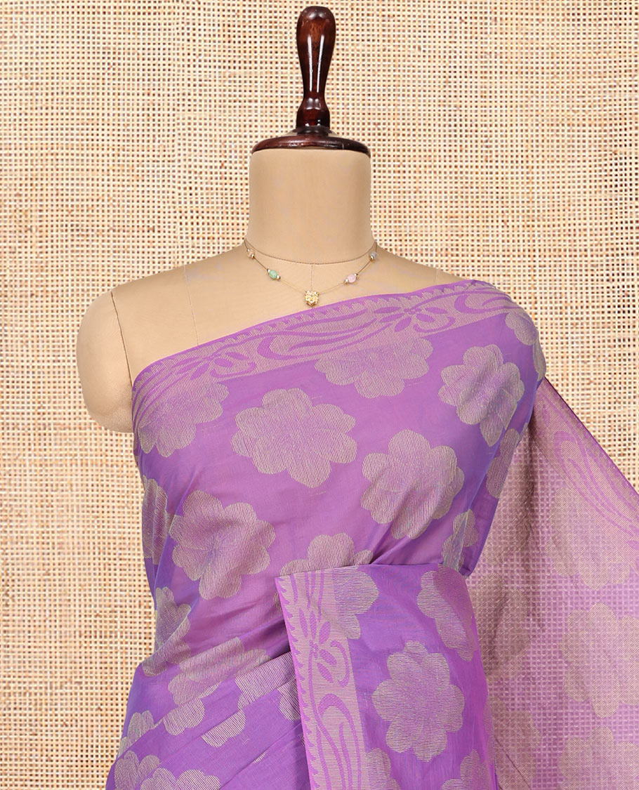 Violet Coimbatore Cotton Saree, Featuring Flower Buttas on Its Body, a Subtle Self-Border, Pallu of Floral Design, and Paired with a Matching Blouse