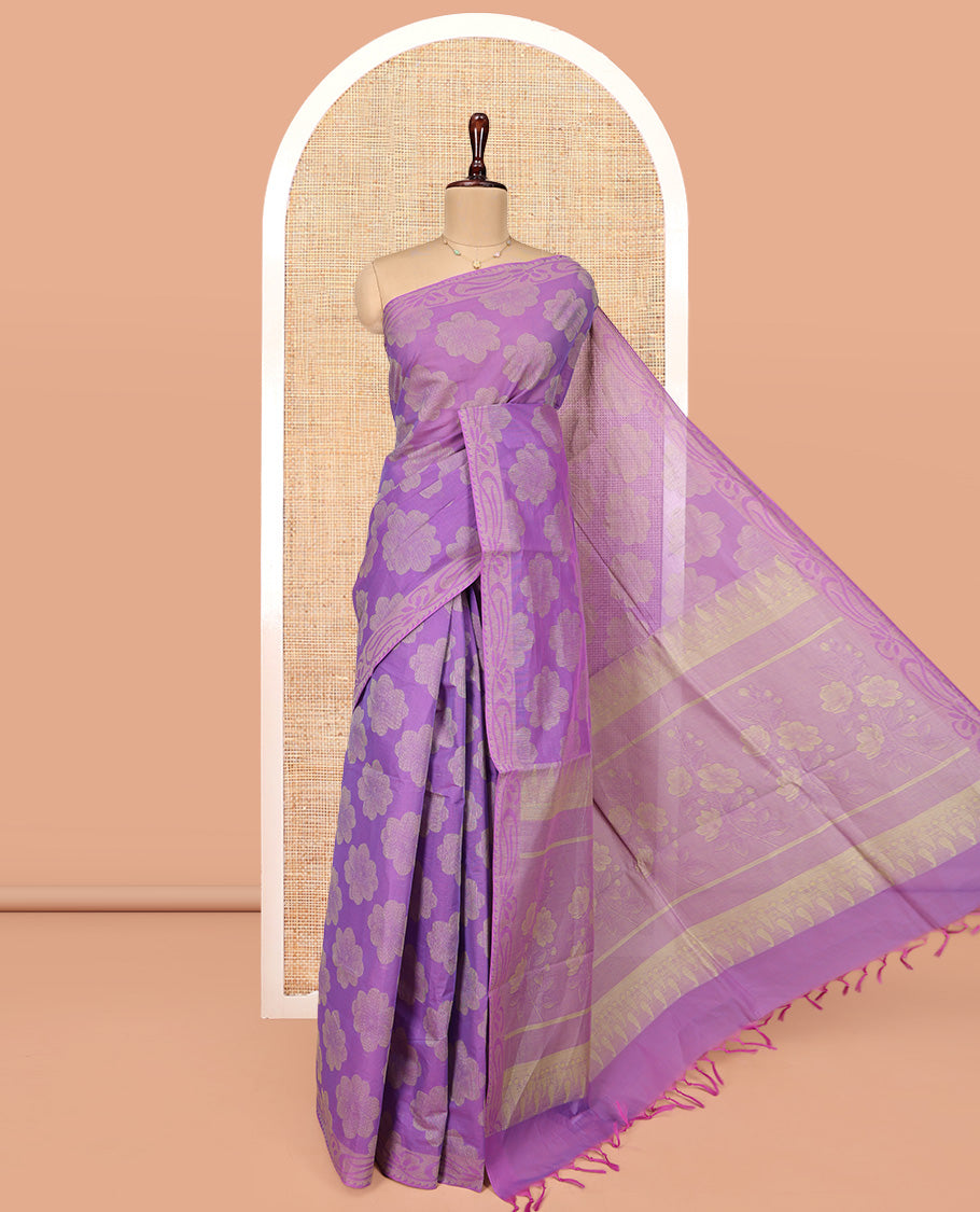 Violet Coimbatore Cotton Saree, Featuring Flower Buttas on Its Body, a Subtle Self-Border, Pallu of Floral Design, and Paired with a Matching Blouse