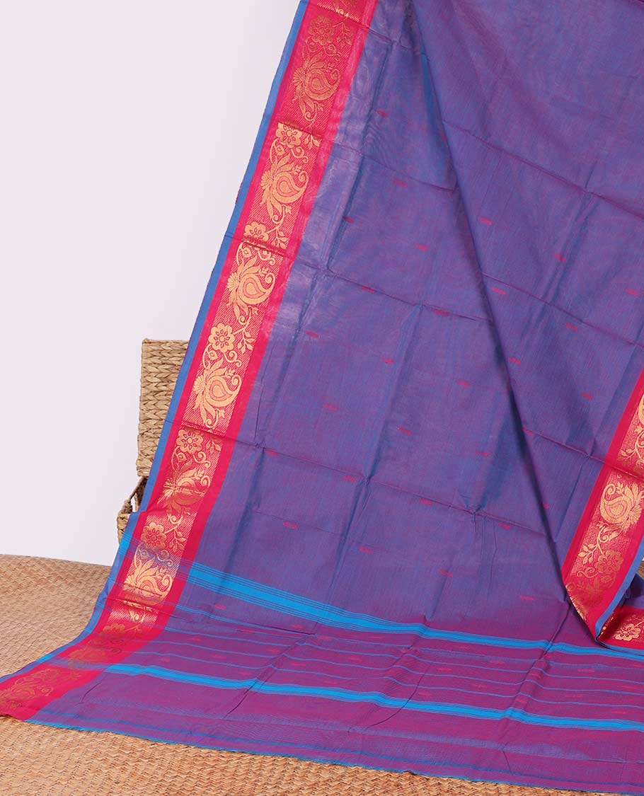 Blue buttas Chettinad cotton saree with contrast paisley design border & striped pallu