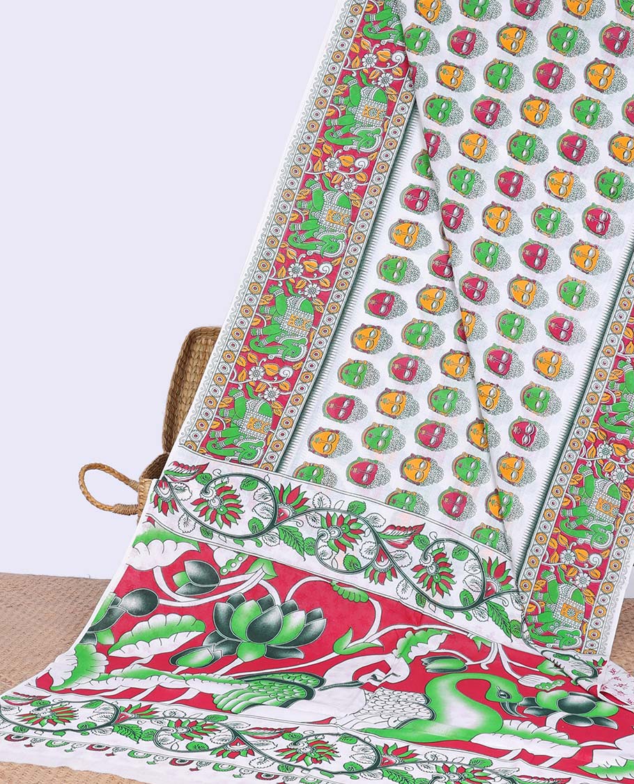 Cream buddha motifs machine-printed kalamkari cotton saree with contrast elephant border & peacock design pallu