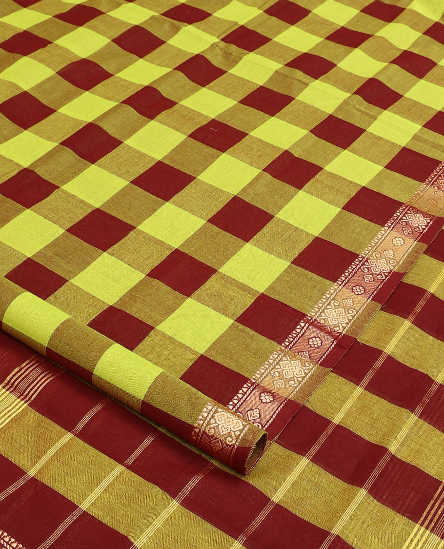 Multi-color checked nine-yard cotton saree, self-border, and pallu of stripes