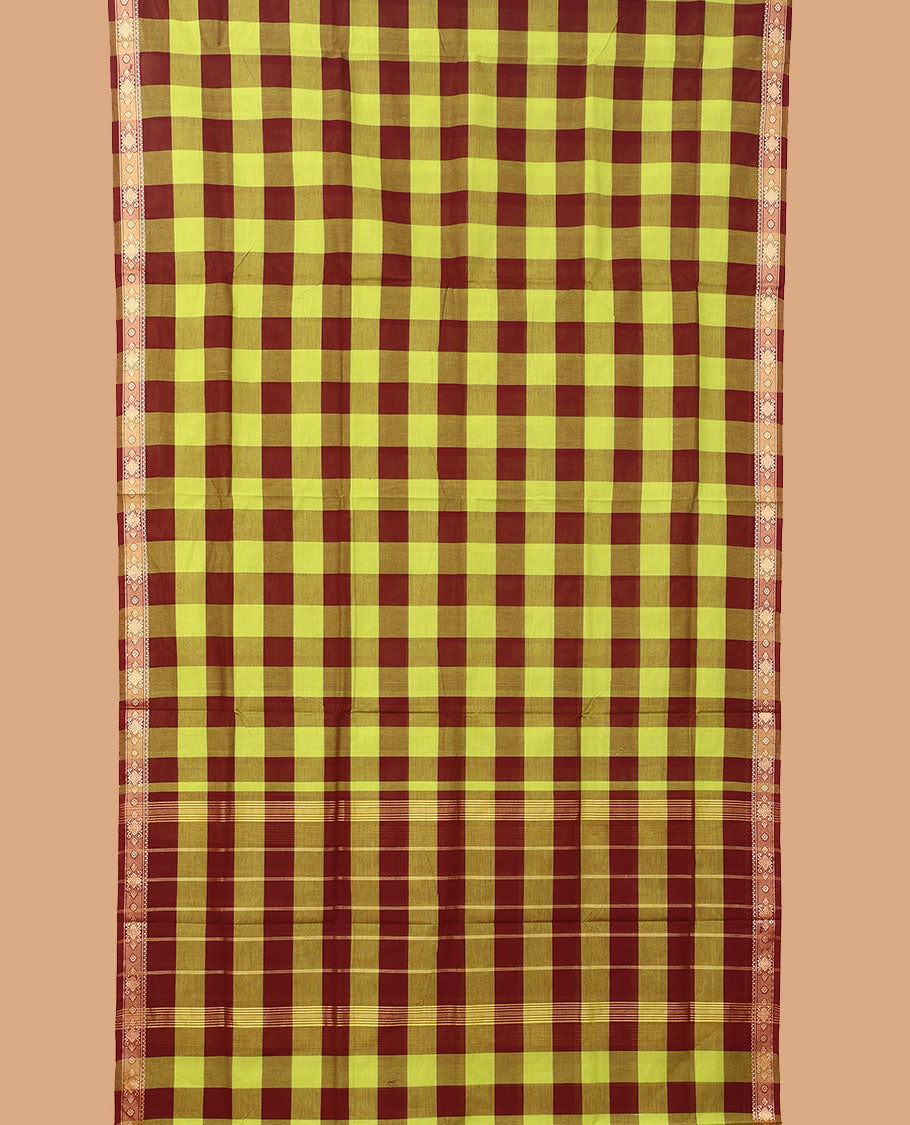 Multi-color checked nine-yard cotton saree, self-border, and pallu of stripes