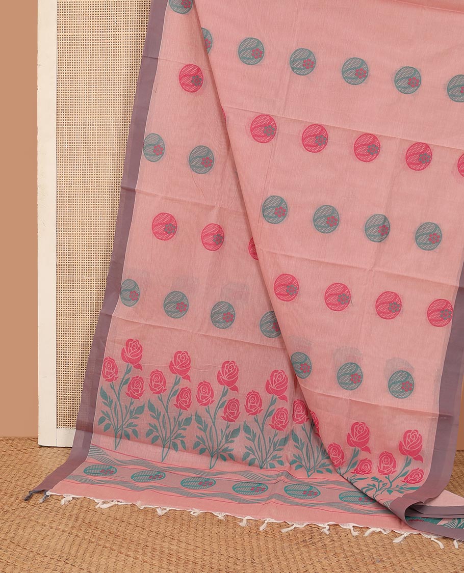 Pink circle buttas Kanchi cotton saree, contrast plain border, and rose floral design pallu