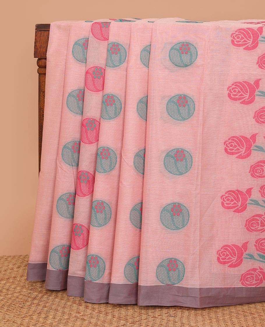 Pink circle buttas Kanchi cotton saree, contrast plain border, and rose floral design pallu
