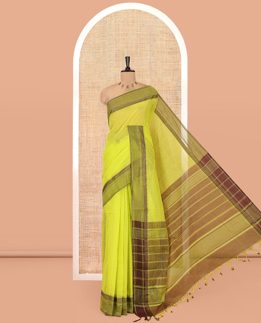 Green Andhra Cotton Saree, Sparsely Woven with Stripes, a Contrast Temple Thread Border, Contrast Striped Pallu, and a Contrast Blouse