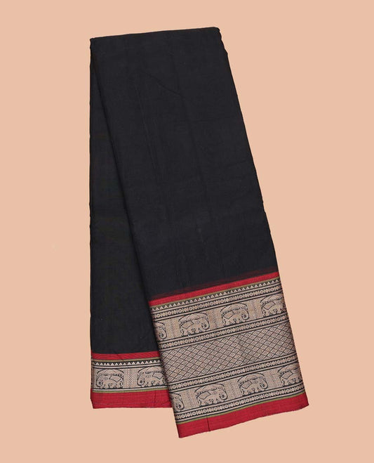 Black plain Narayanapet cotton saree, contrast traditional design border & striped pallu