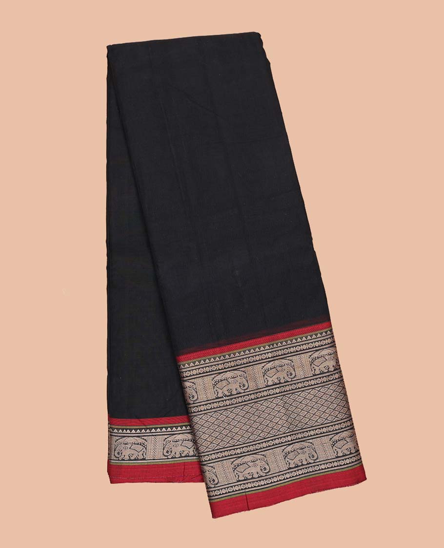 Black plain Narayanapet cotton saree, contrast traditional design border & striped pallu