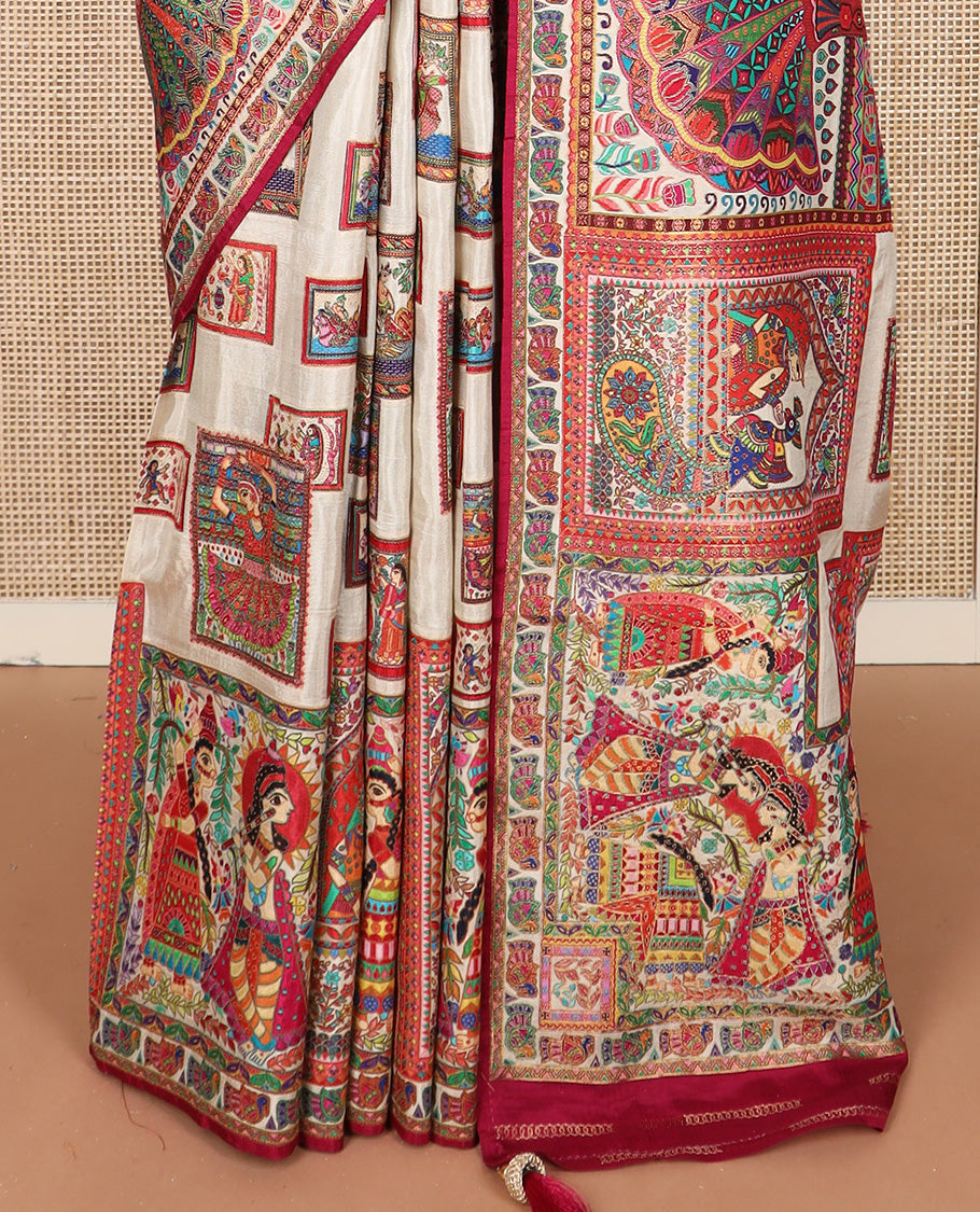 Light sandal-base kaleidoscopic colored ancient Madhubani stories printed dola silk saree