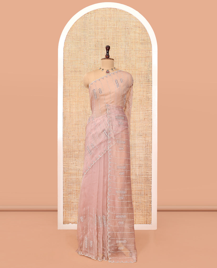 Peach Swarovski and Meena Stonework Organza Designer Saree with Scallop Border, Matching Blouse