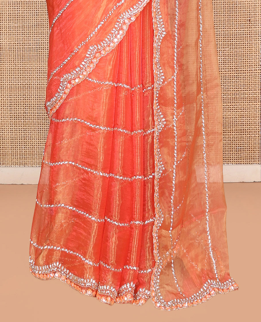Dusky Peach Stone-Kardana Work Organza Designer Saree with a Scallop Embroidery Border, Matching Blouse