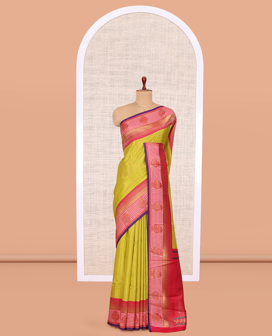 Parrot Green Raindrop Butta Semi-Mysore Silk Saree