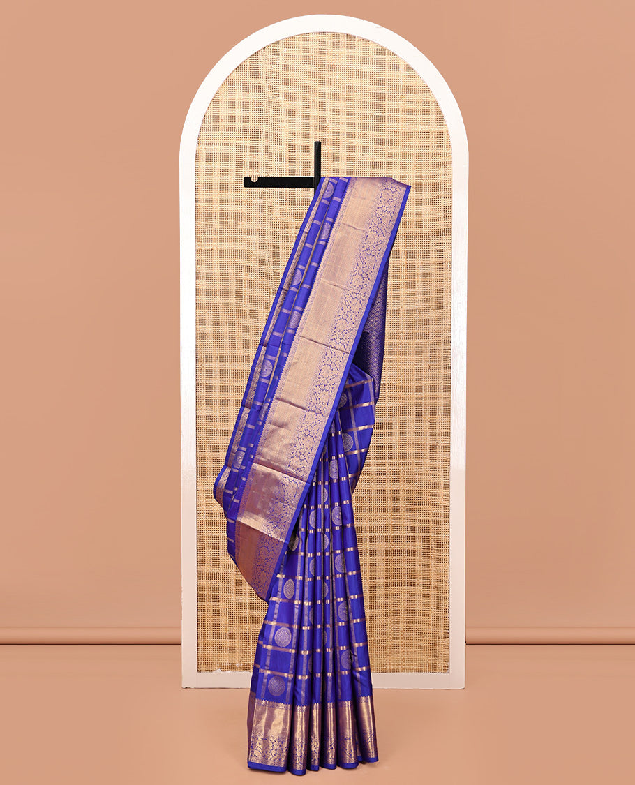 M.s Blue Vasundhara Silk Saree Features Zari Butta Enclosed Checks, a Zari Border of Mayil Kann and Kodi Visiry, Jaal Pallu, and Comes with a Matching Blouse