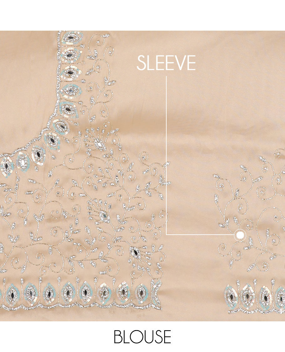 Sandal stone work designer saree, eye shaped embroidered scallop border