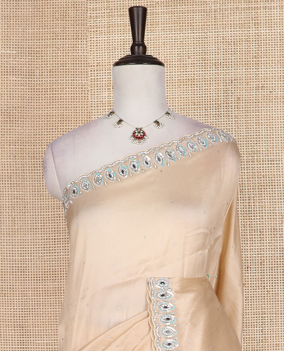 Sandal stone work designer saree, eye shaped embroidered scallop border