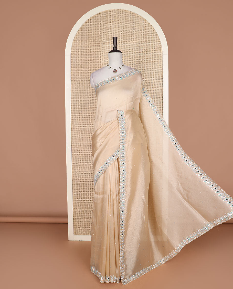 Sandal stone work designer saree, eye shaped embroidered scallop border