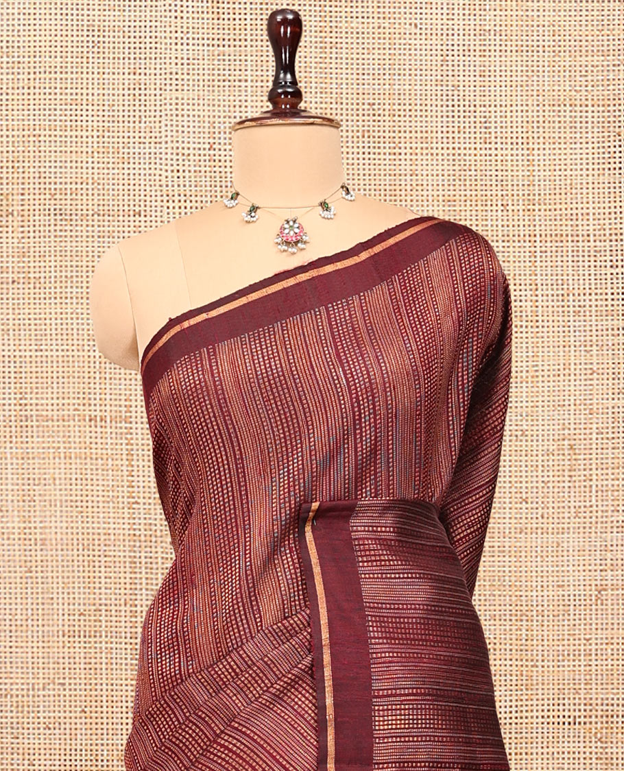 Brown Dupion Silk Saree, Steeped in Richness of Stripes, a Self-Border, Gleaming Zari Temple Pallu, and a Matching Blouse