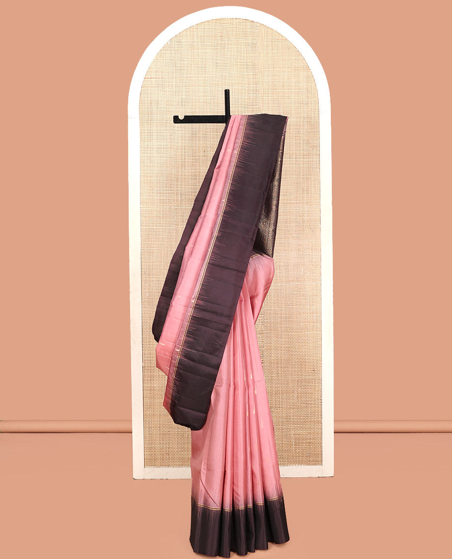 Pink Kanchipuram Silk Saree, Sparsely Threaded with Stripes and Muniya Buttas, Complemented by Contrast Border, Zari-Checked Pallu, and Contrast Blouse