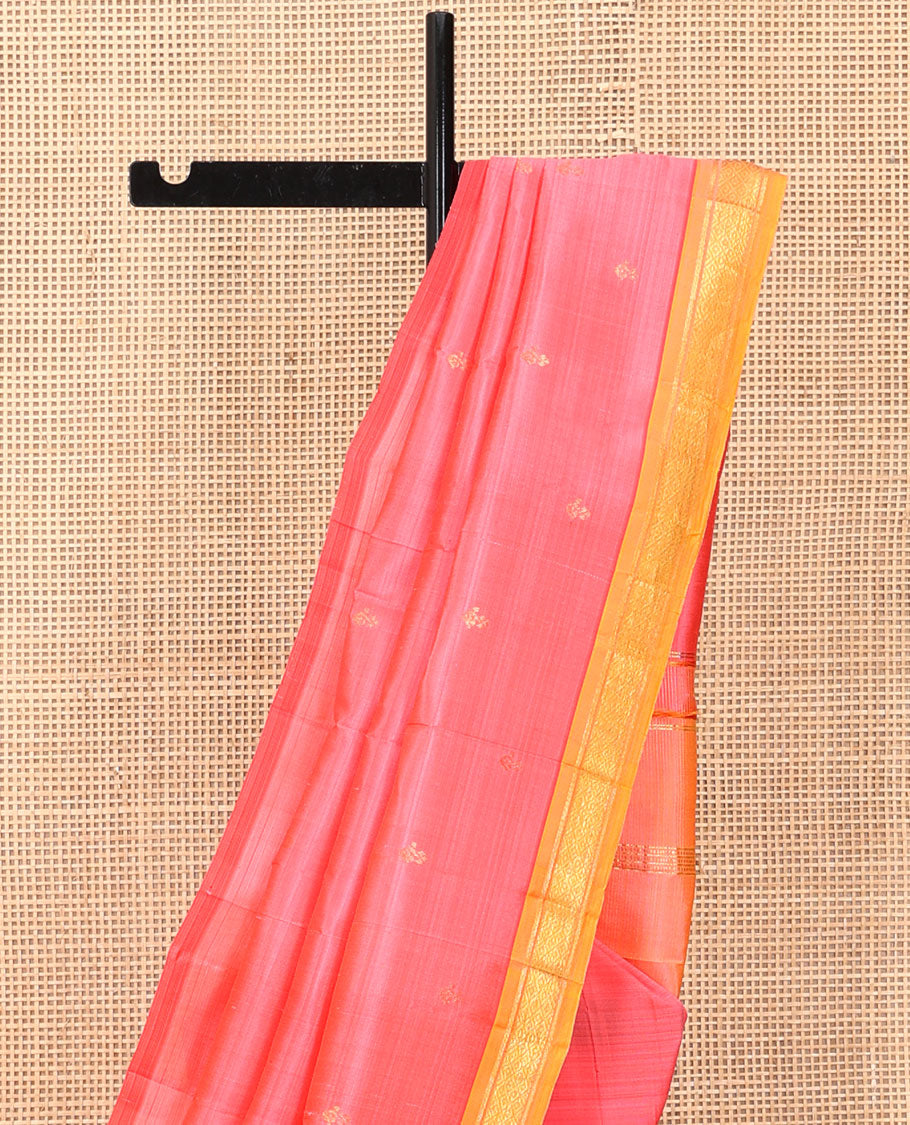 Peach Kanchipuram Silk Saree, Woven with Zari Buttas, a Contrast One-Sided Border of Banaras and Mayil Kann Designs, a Zari Design Pallu, and No Blouse