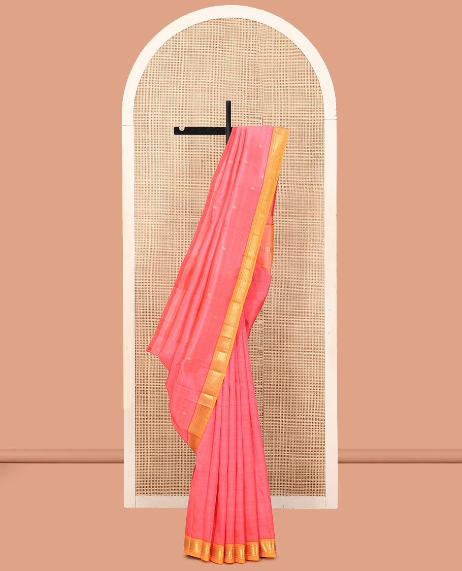 Peach Kanchipuram Silk Saree, Woven with Zari Buttas, a Contrast One-Sided Border of Banaras and Mayil Kann Designs, a Zari Design Pallu, and No Blouse