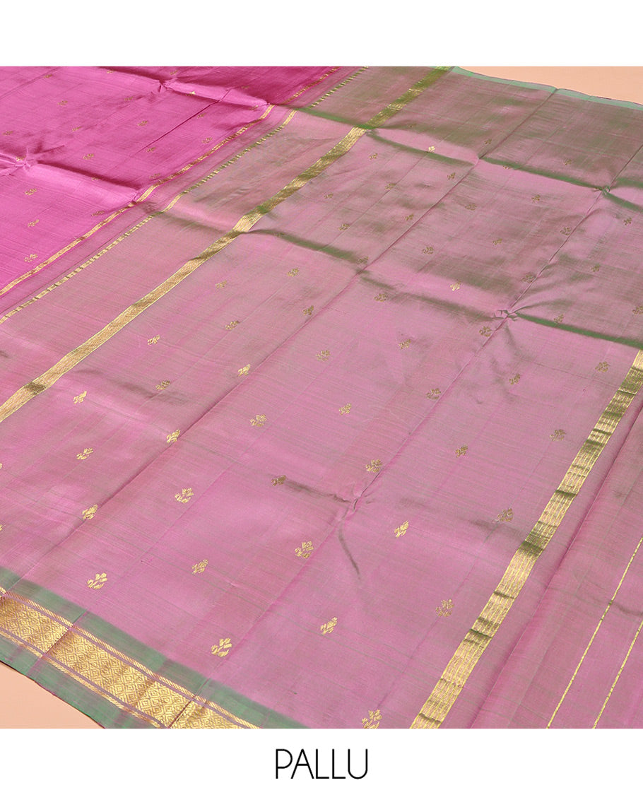 Pink Kanchipuram Silk Saree, Crafted with Zari Buttas, Complemented by a Contrast One-Sided Border of Banaras and Jaal Designs, Grand Pallu, and No Blouse