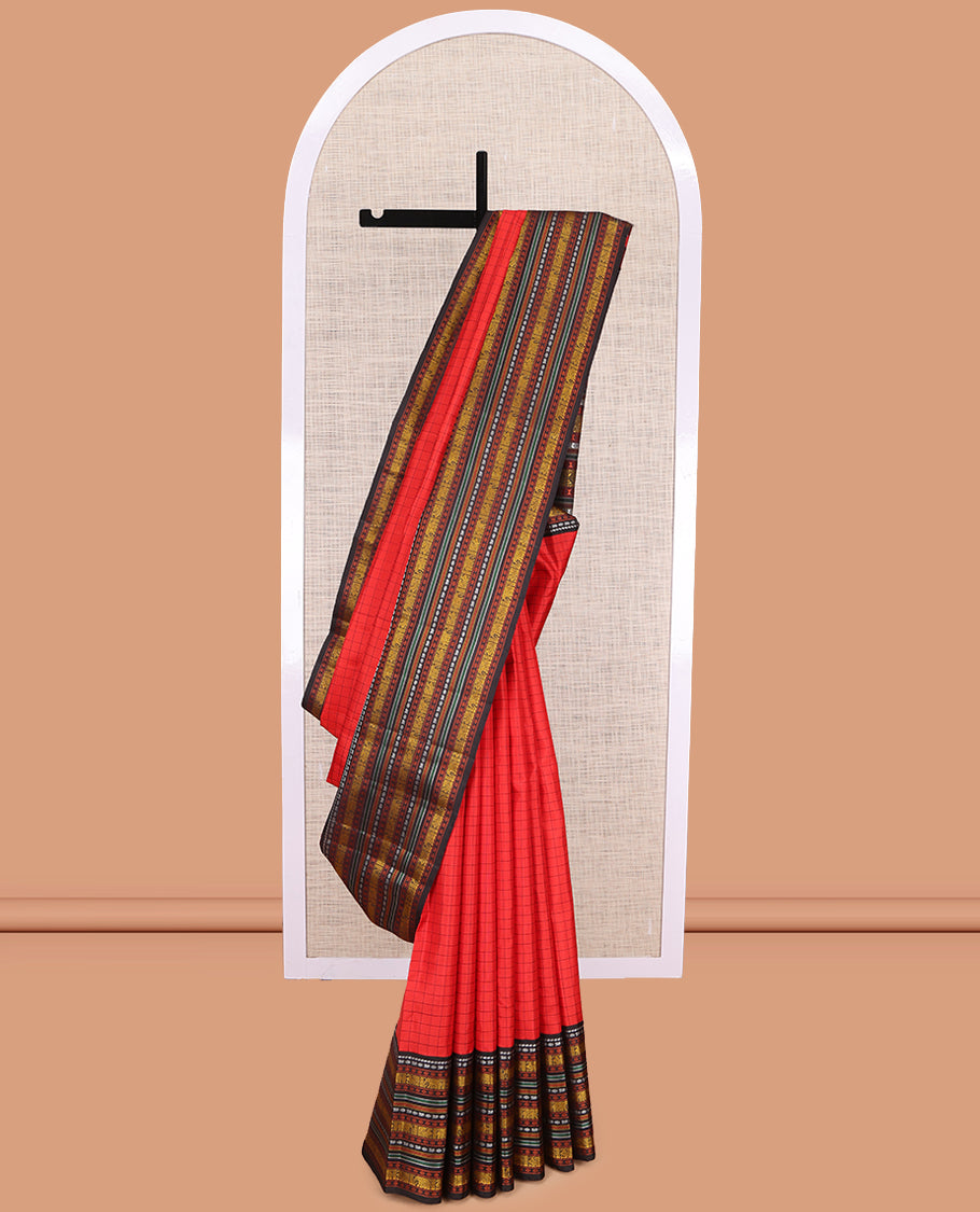 Red Kanchipuram Silk Saree, Woven with Checks, Complemented by a Contrast Korvai Border of Manga, Mayil, Kamalam, Yaanai, and Mayil Kann, Traditional Pallu, and a Contrast Blouse