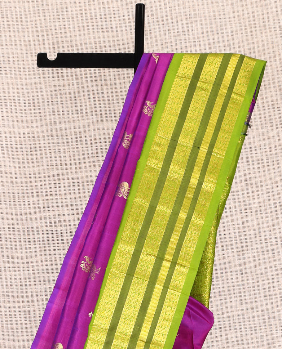 Purple Kanchipuram Silk Saree, Detailed with Zari Buttas, a Contrast Korvai One-sided Border of Salngai, Neli, Poun, and Mayil Designs, Pallu of Floral Designs, and No Blouse