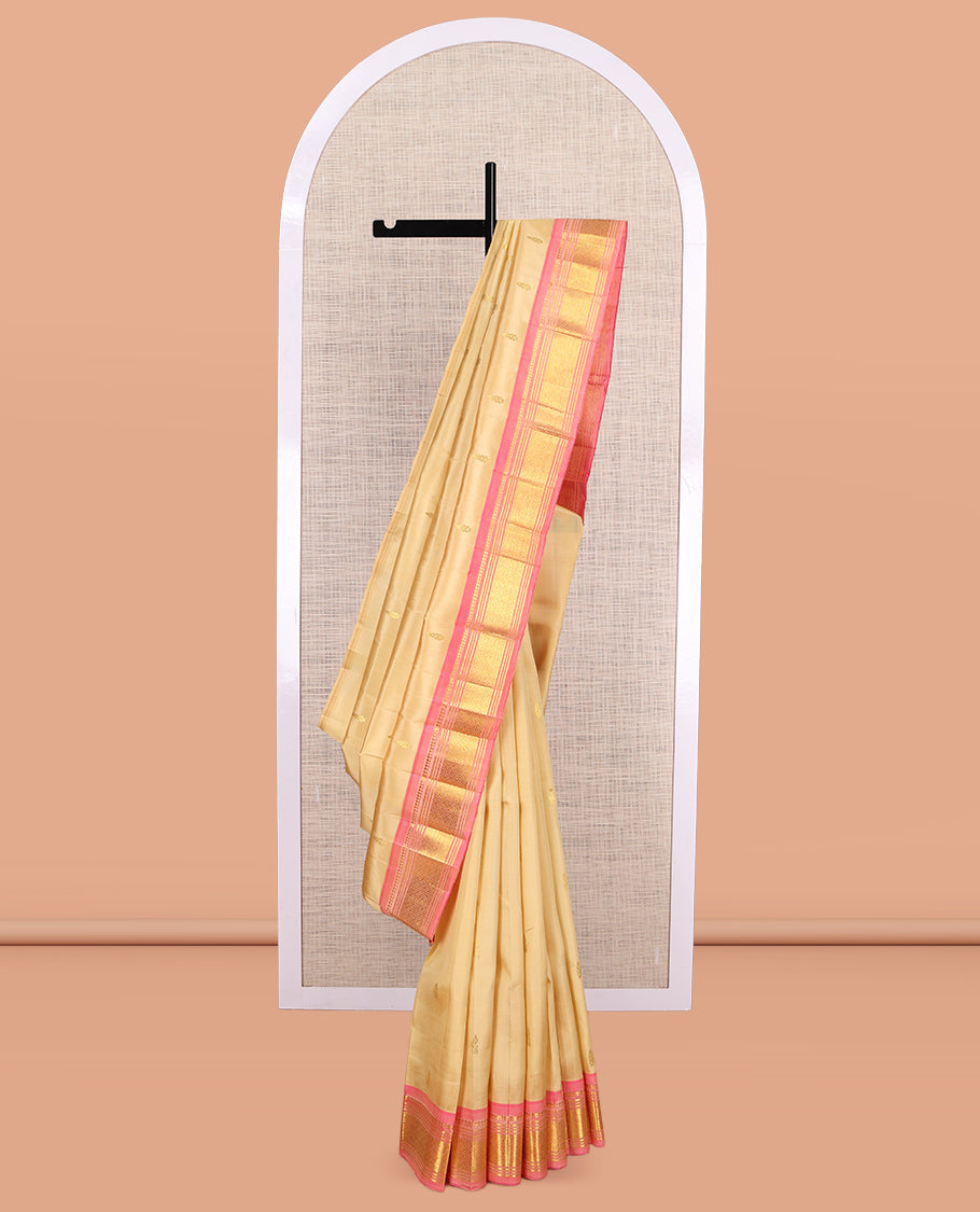 Sandal Kanchipuram Silk Saree, Woven with Zari Buttas, a Contrast One-Sided Border of Panner Sombu, Banaras, Muthu, and Jaal Designs, Zari Design Pallu, and No Blouse
