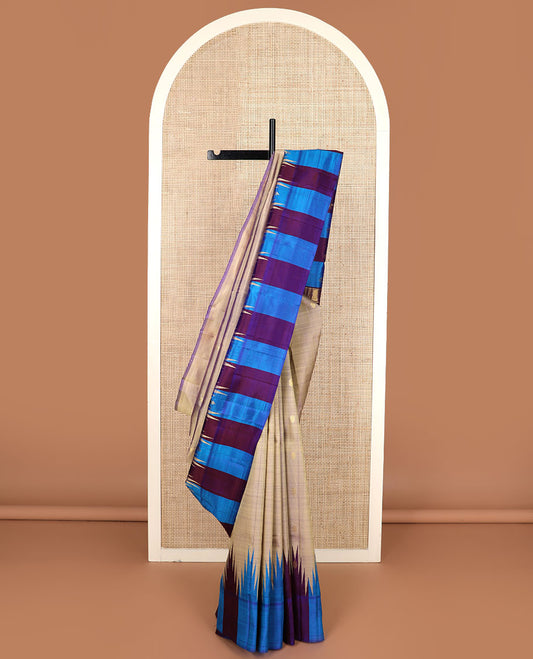 Grey zari buttas Kanchipuram silk saree, contrast thazampoo rekku zari border & zari  design pallu