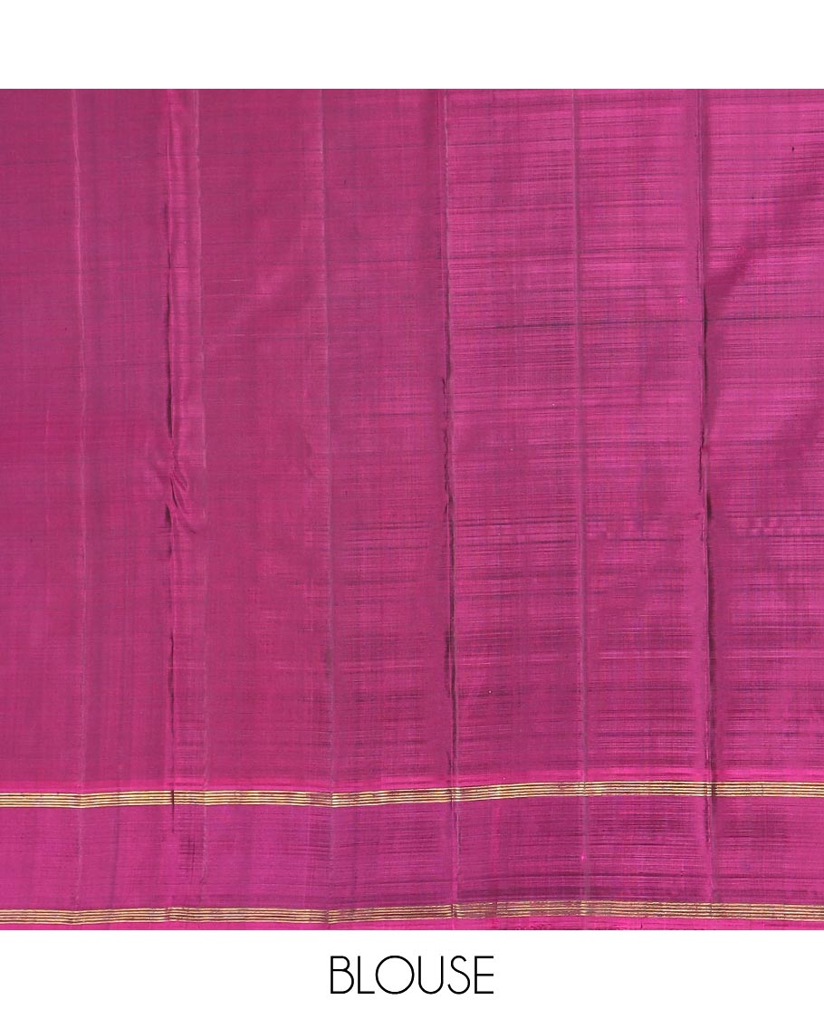 Green iruthalai pakshi buttas Kanchipuram silk saree, contrast rettai pettu border, and pallu of muthu stripes, and arumbu manga designs