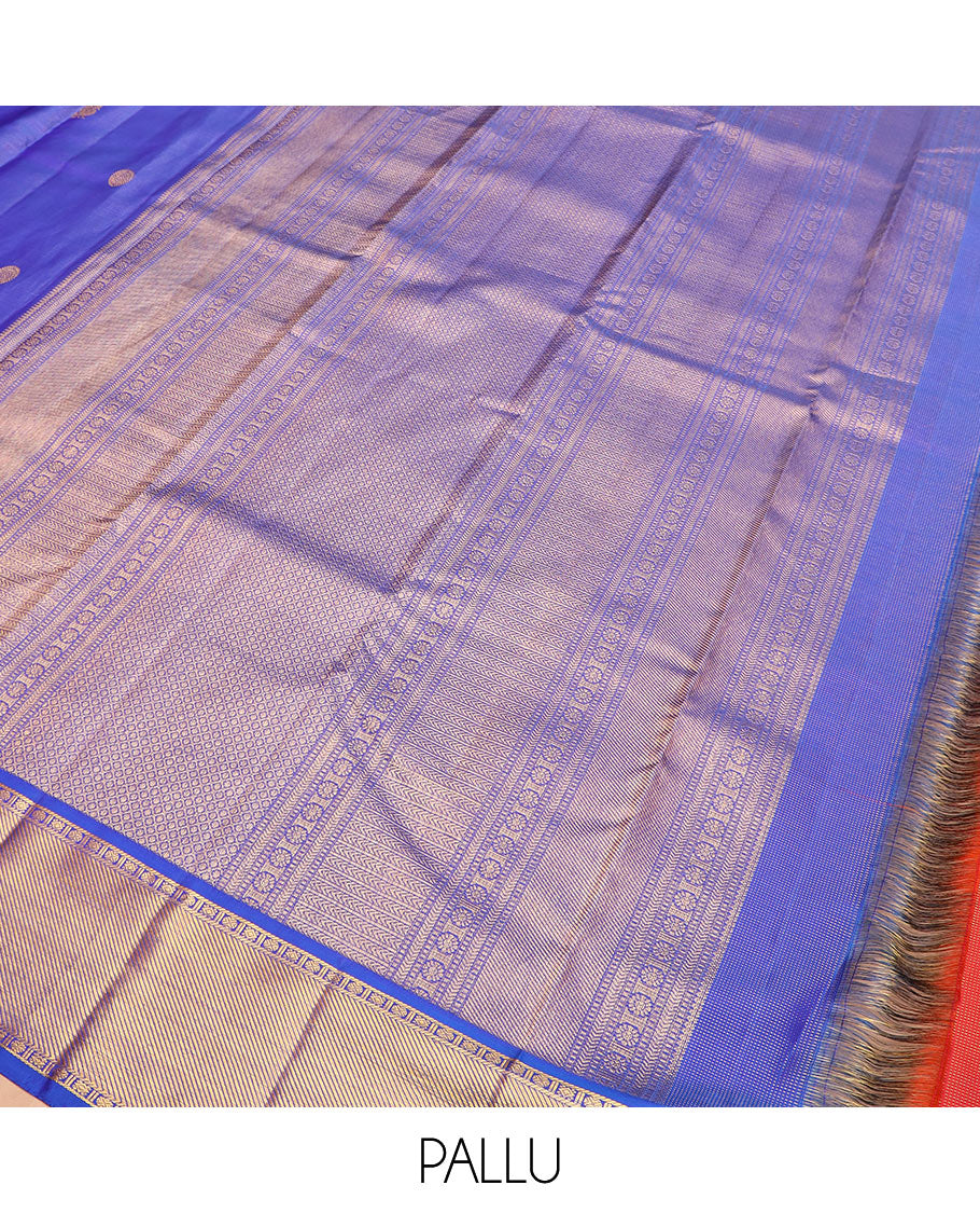 Blue mayil chakram buttas Kanchipuram silk saree, zari border of rudraksham and diamond designs, and intricate pallu