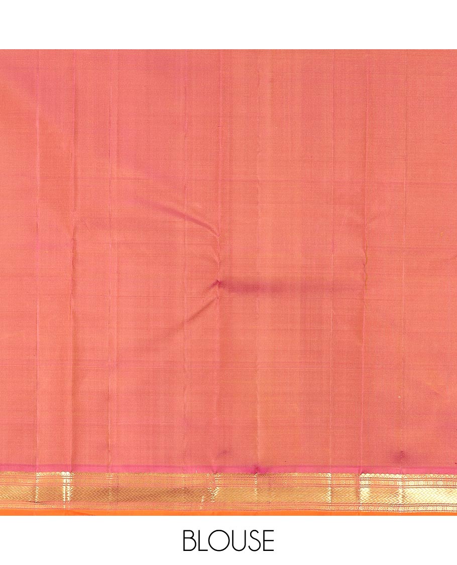 Light Sandal Plain Kanchipuram Silk Saree, Complemented by Contrast Border of Salngai, Muthu, Lavangam, and Vanki Designs, Zari Woven Pallu, and Paired with a Contrast Blouse