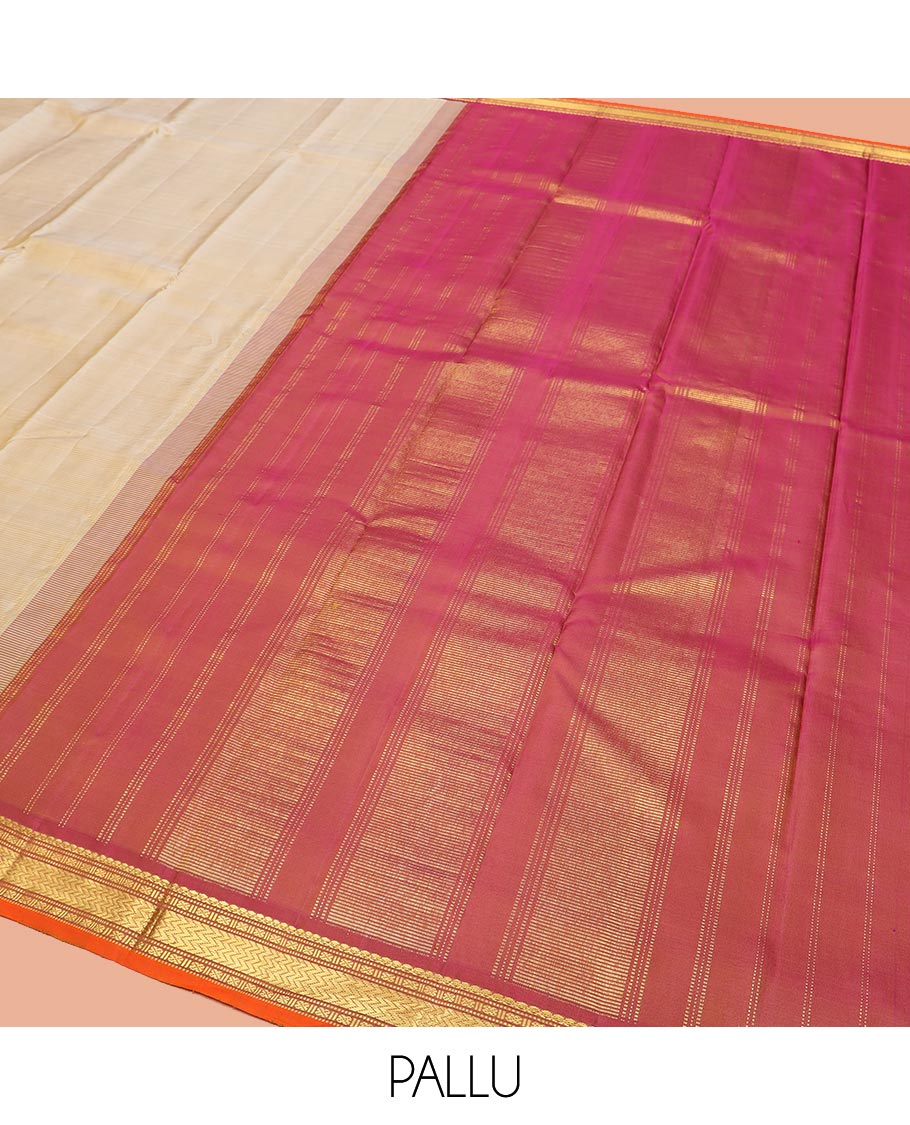 Light Sandal Plain Kanchipuram Silk Saree, Complemented by Contrast Border of Salngai, Muthu, Lavangam, and Vanki Designs, Zari Woven Pallu, and Paired with a Contrast Blouse
