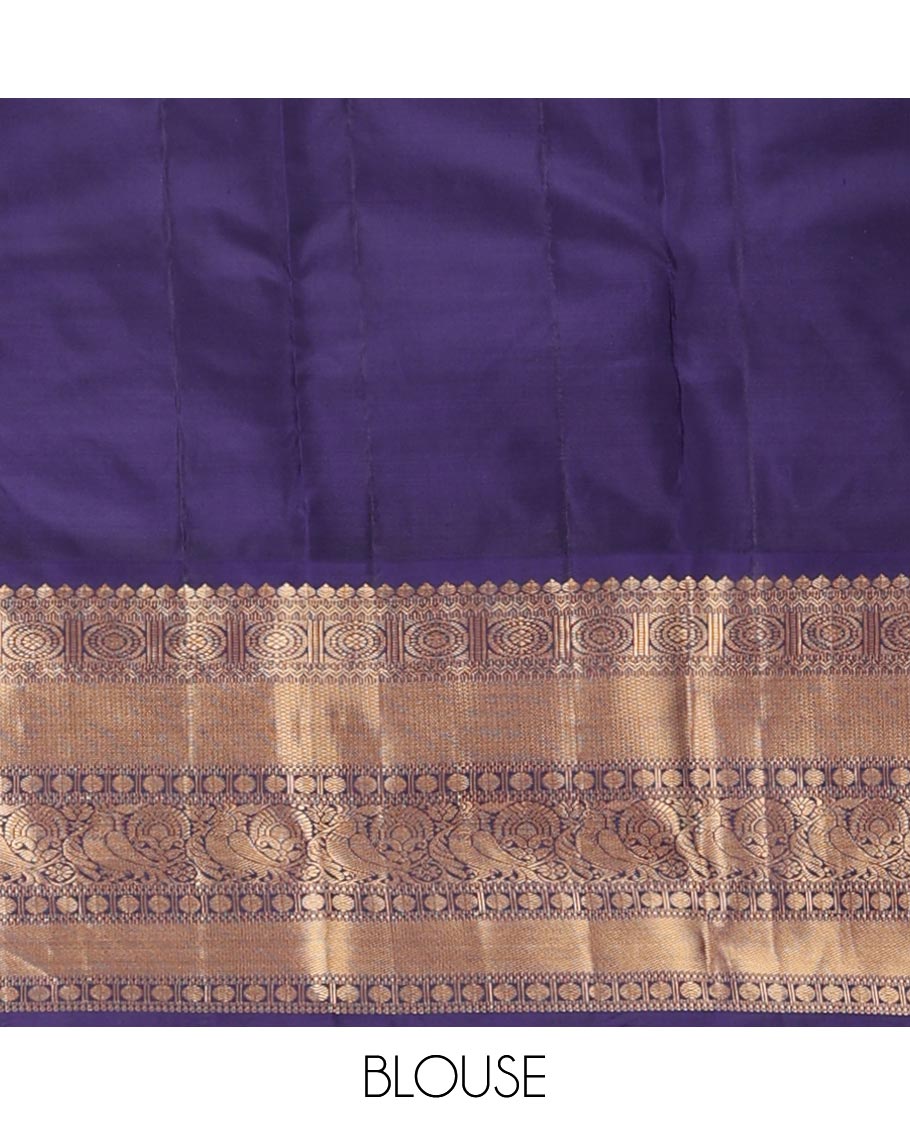 Blue zari buttas silk saree, contrast border of thilakam mokku,rettai neli,chakram,mayil kann, rudraksham & mayil & intricate pallu