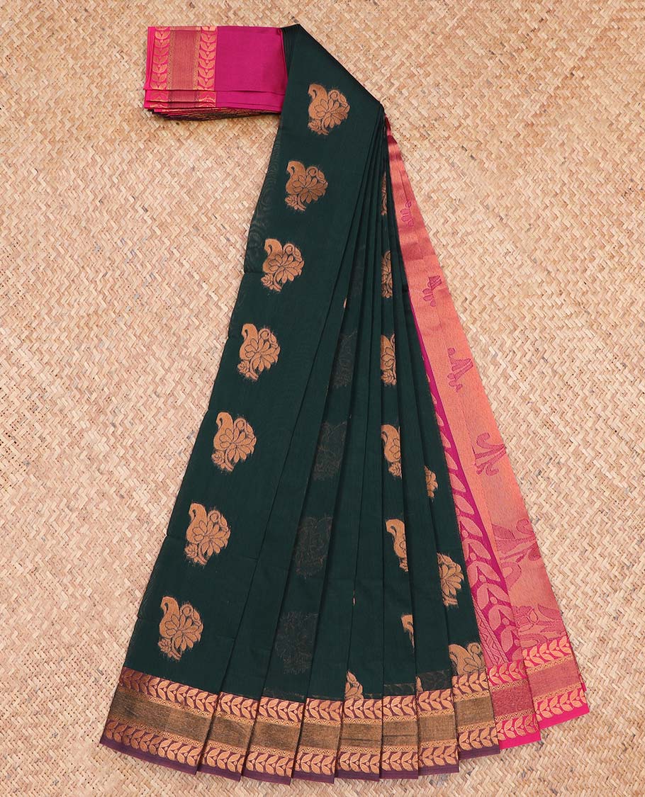 Bottle green floral motifs kora cotton saree with contrast leaf zari design border & floral zari design pallu