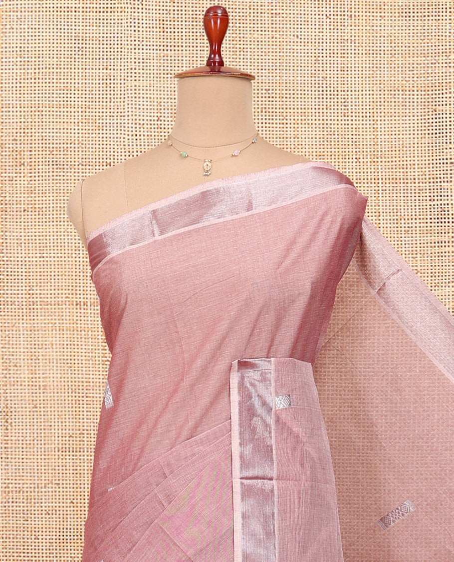 Pink Kerala Cotton Saree, Embellished with Buttas All Over Its Body, a Zari Bavanji Border, Pallu of Intricate Designs, and Paired with a Matching Blouse