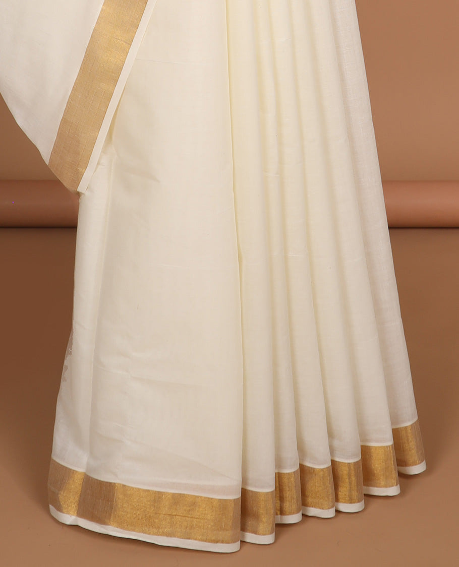 Cream zari striped kerala saree, zari border & pallu of leaf creeper & peacock designs