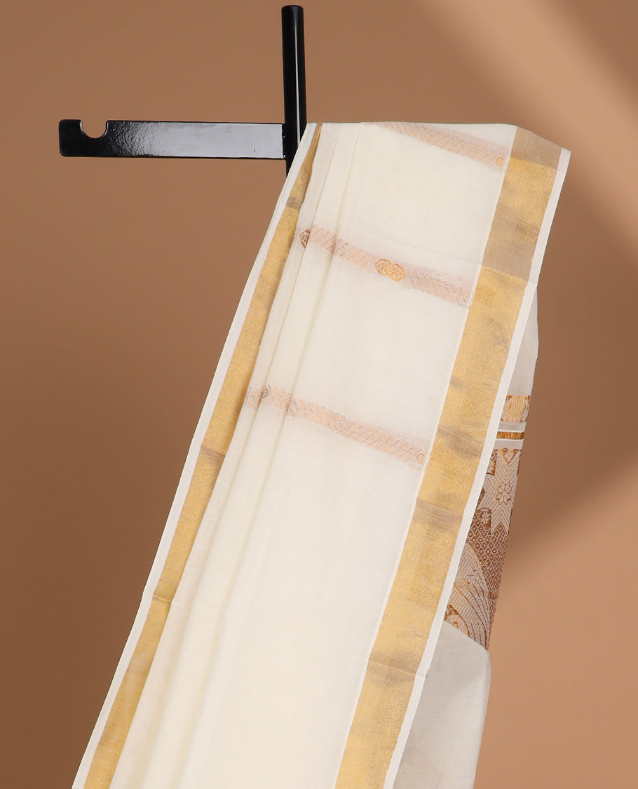 Cream zari striped kerala saree, zari border & pallu of leaf creeper & peacock designs
