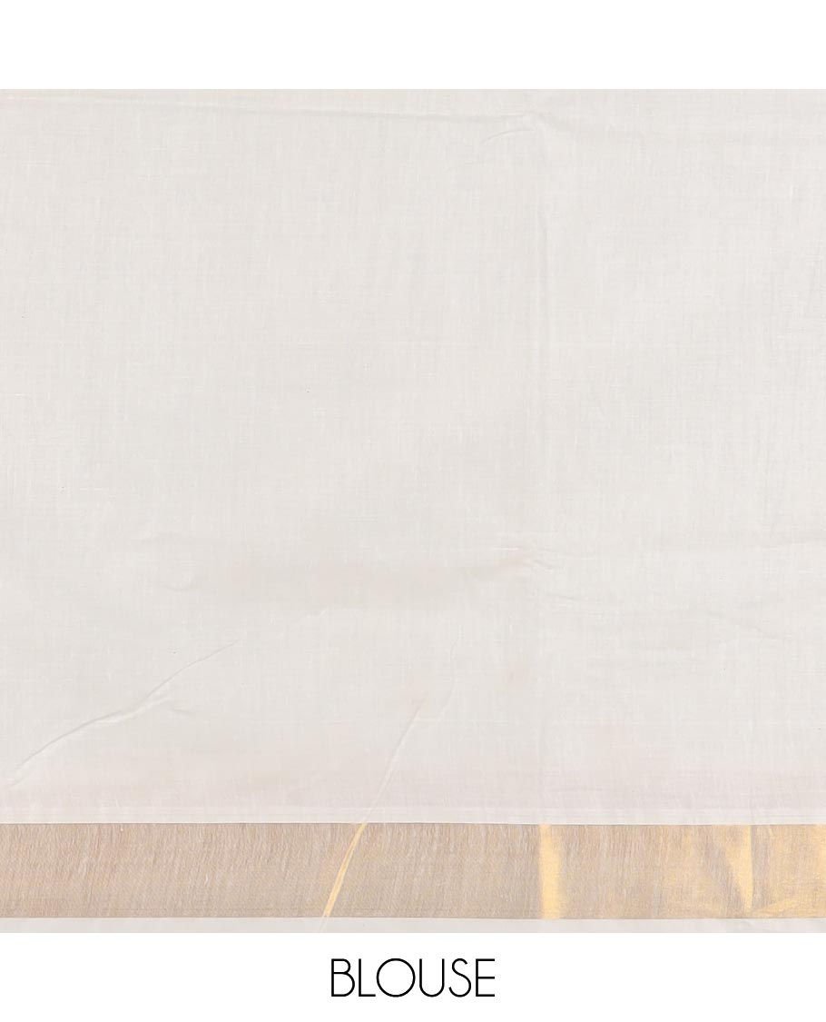 Cream floral motifs embroidered Kerala cotton saree, zari border, and floral embroidered pallu