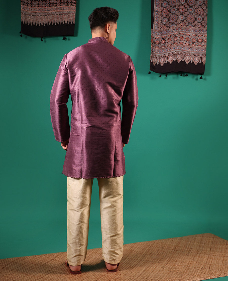 Purple buttas embossed with full-sleeved men's kurta