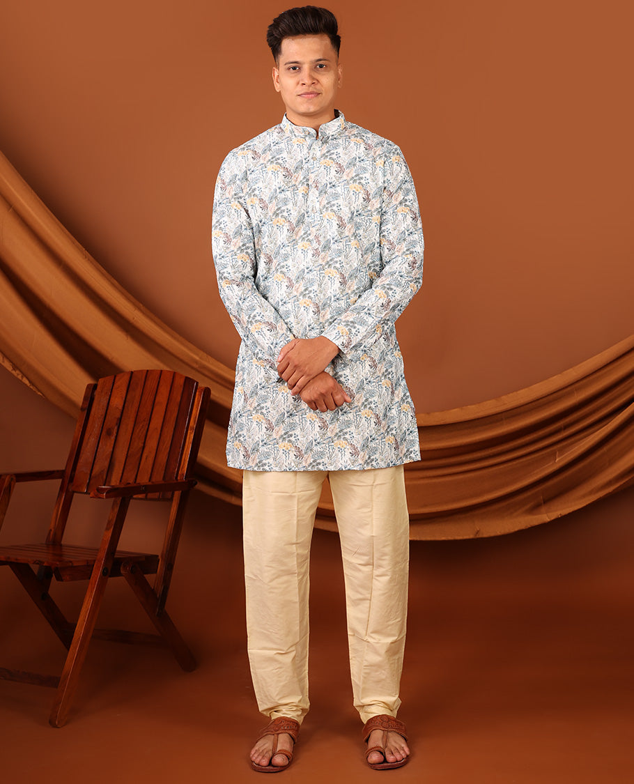 Pale Blue Tropical-Leaf Printed Full-Sleeved Men's Kurta
