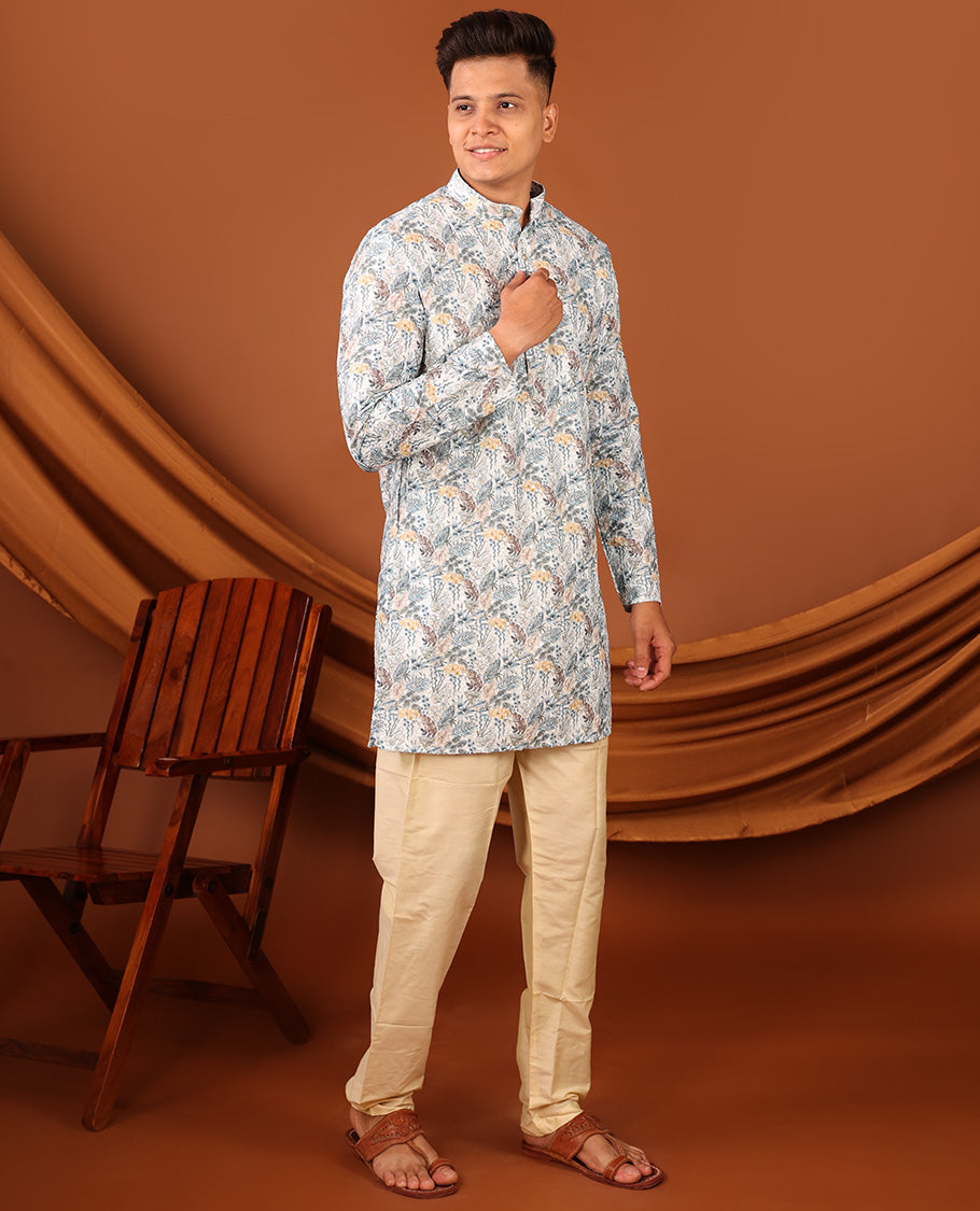 Pale Blue Tropical-Leaf Printed Full-Sleeved Men's Kurta