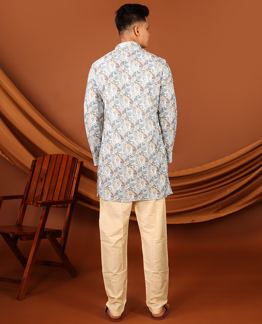 Pale Blue Tropical-Leaf Printed Full-Sleeved Men's Kurta