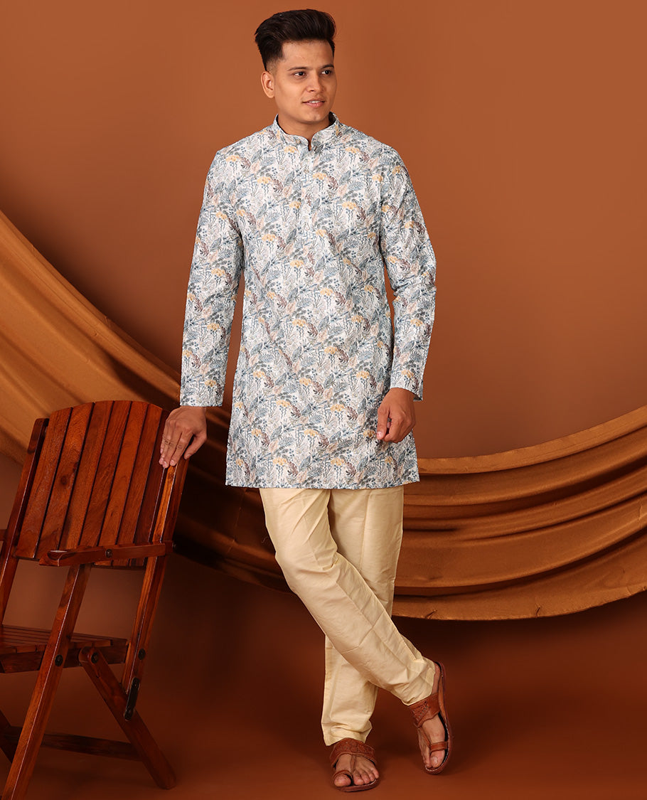 Pale Blue Tropical-Leaf Printed Full-Sleeved Men's Kurta